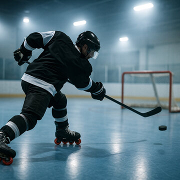 An inline hockey player in full gear takes a powerful shot on a blue rink with a goal in the background.