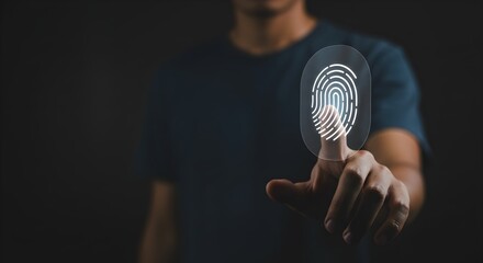 Man pointing at a digital fingerprint overlay, symbolizing security, identification, or access control in a modern technological context.