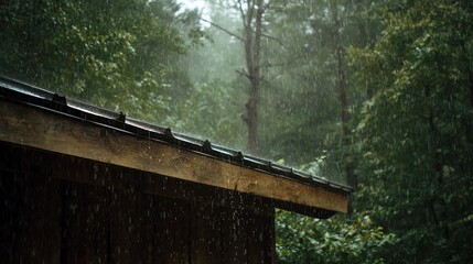 A serene scene of rain falling on a wooden roof, surrounded by lush greenery, creating a calming and refreshing atmosphere.