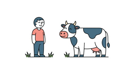 Whimsical Cartoon Illustration of a Man and a Cow Standing in a Field, Ideal for Children's Books, Educational Materials, and Farm-Themed Designs