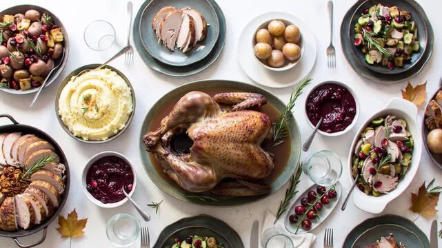Overhead shot of Thanksgiving dinner table setup &mdash; turkey, mashed potatoes, cranberry sauce, white background