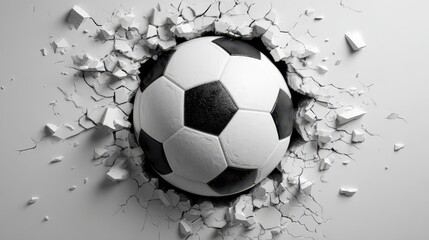 3D Soccer Ball Crashing Through a White Wall, Creating an Impressive Hole in the Surface