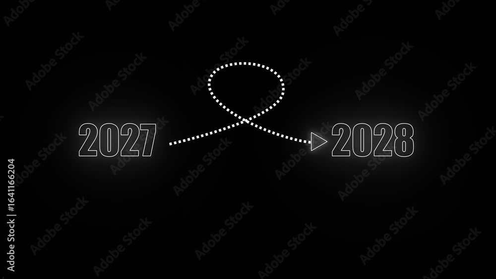 Poster white neon 2027 to 2028 transition with dotted line loop and arrow on black background year future .