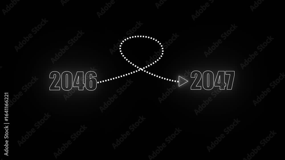 Poster white neon 2046 to 2047 transition with dotted line loop and arrow on black background year future .