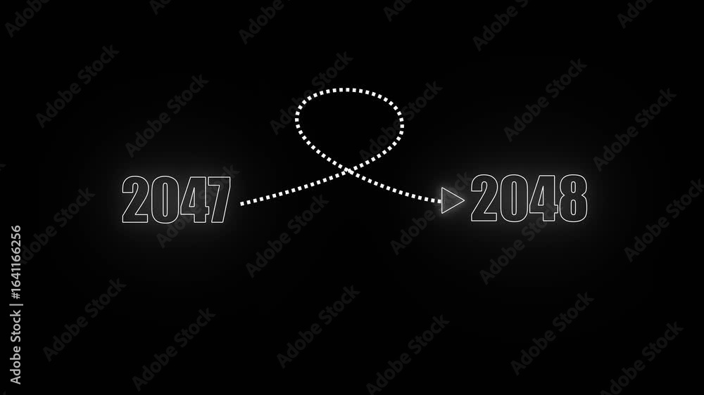 Poster white neon 2047 to 2048 transition with dotted line loop and arrow on black background year future .