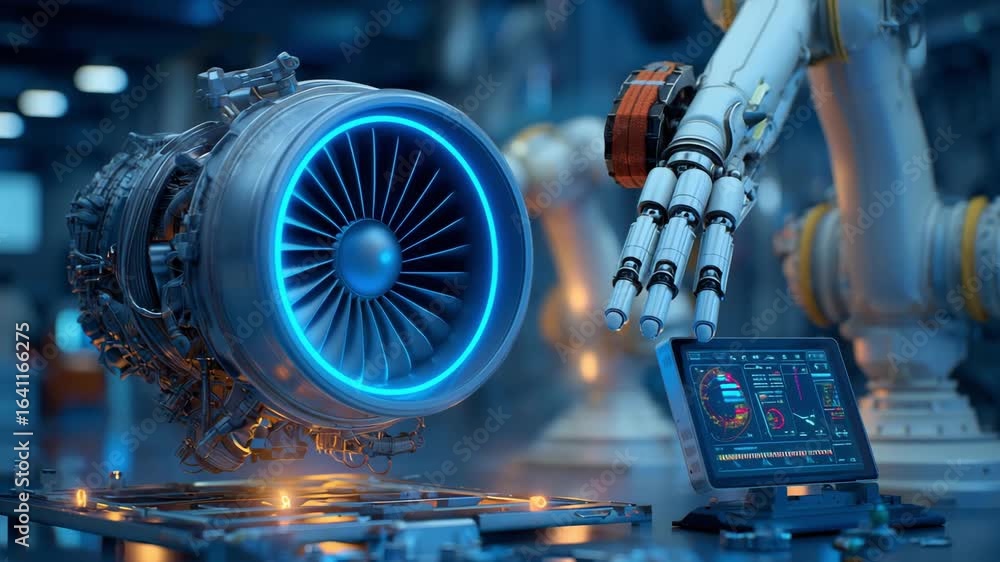 Poster a robotic arm skillfully assembles a jet engine while digital displays provide critical information 