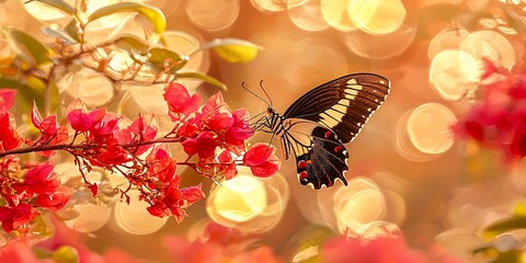 Swallowtail Butterfly Sipping Nectar from Vibrant Red Bougainvillea Flowers in Golden Light