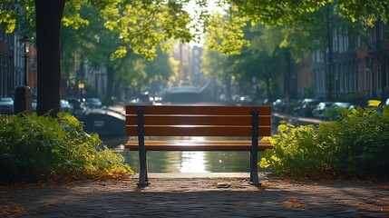 Serene Bench by Canal in Urban Greenery with Sunlight and Reflections