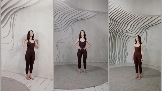 A woman in a tight brown jumpsuit, a light dancing pose, curved panels create a rhythm.