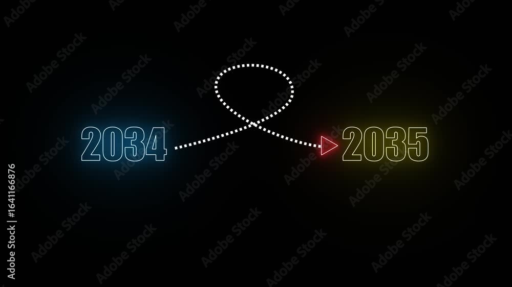 Poster year 2034 to 2035 transition with colored neon numbers and dotted line loop on black background futu