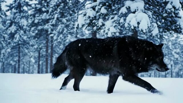 A majestic black wolf walks through a beautiful snowy forest in winter