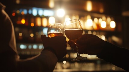 Glasses clinking at happy hour, bar lights in background