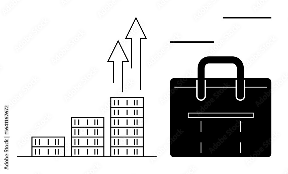 Poster stacked coins ascending with arrows showing growth, accompanied by a briefcase for business context.
