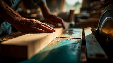 Action shot of woodworking with circular saw