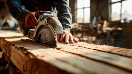 Action shot of woodworking with circular saw