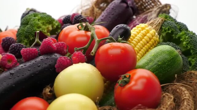 Slow pan across a cornucopia filled with fruits and vegetables, pure white background