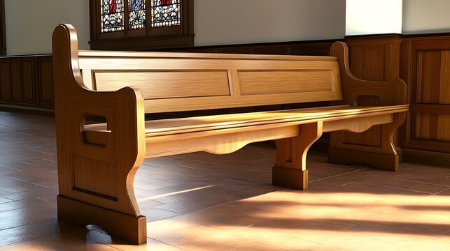 Wooden pew in church interior