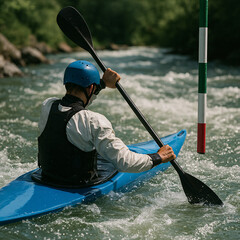 A kayaker in a blue helmet paddles through a whitewater slalom course on a river.