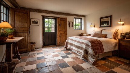 Cozy Rustic Bedroom Interior with Natural Light and Warm Accents in a Charming Country Home Setting
