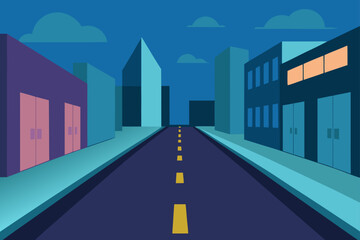 Illustration of a city street at night with tall buildings