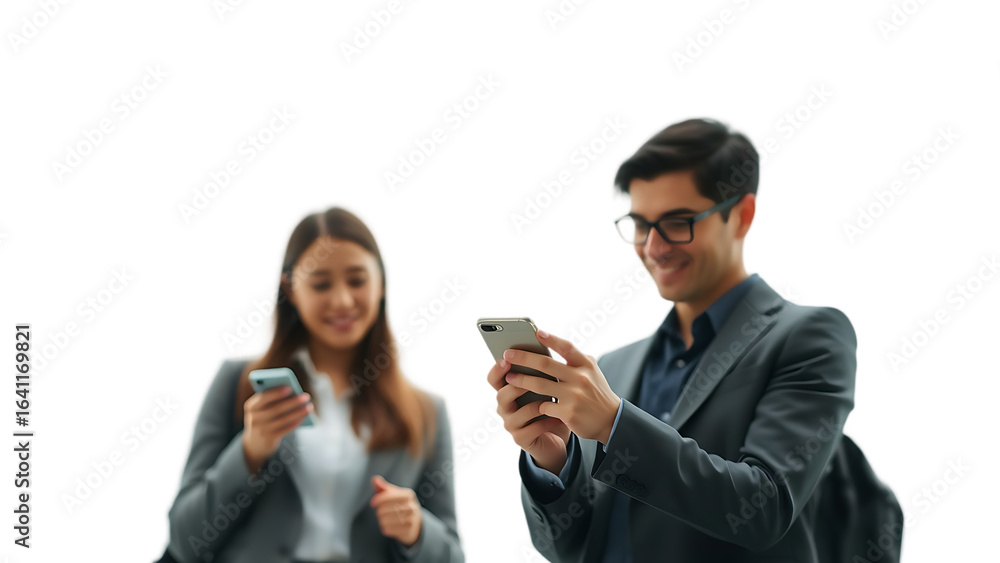 Poster business people using smartphone element set on transparent background isolated on white background