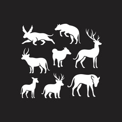 A collection of stylized white silhouettes of various wild animals including deer boar and a mythical jackalope.