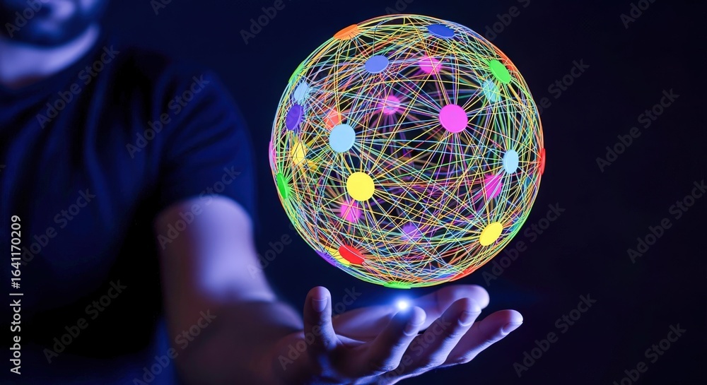 Poster global network connection concept: man holding abstract sphere representing worldwide digital commun