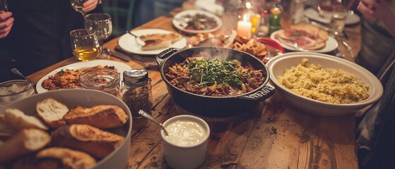 Warm Dinner Feast: Rustic Table with Hearty Dishes and Candlelight Glow