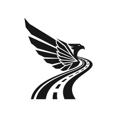 Stylized black eagle logo with a wing transforming into a winding highway symbolizing freedom and travel.