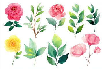 Whimsical Watercolor Blooms: Handcrafted Rose and Foliage Design for Seasonal Celebrations