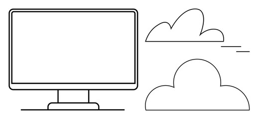 Computer monitor adjacent to fluffy clouds, symbolizing cloud computing, storage, and digital communication. Ideal for technology, data, innovation, networking, online work IT solutions simple flat