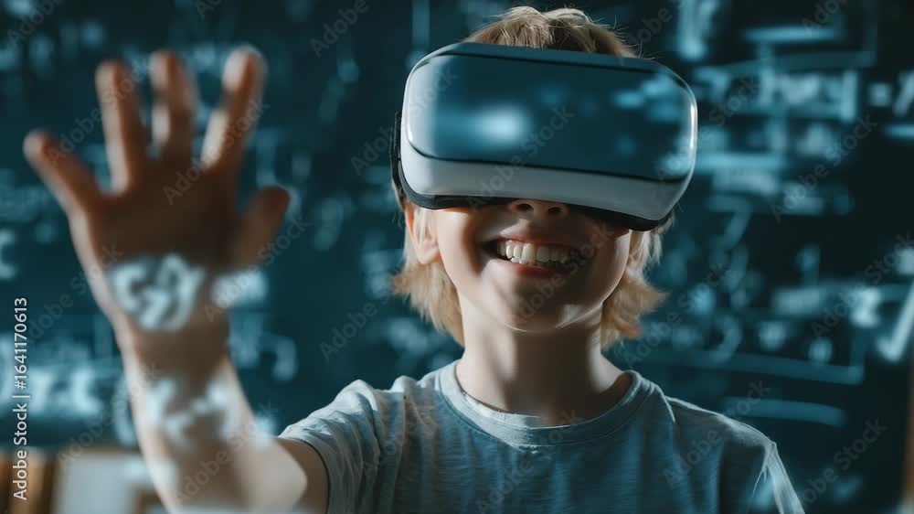 Poster a child boy engages with virtual reality, using hand gestures to navigate an interactive learning en
