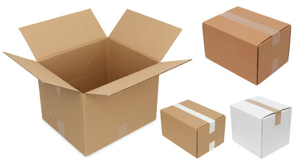 Fototapeta premium Cardboard boxes and white box with tape open box closed box