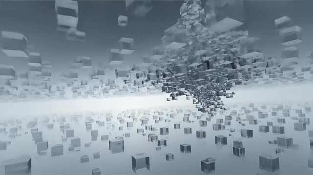 Futuristic digital landscape with a chaotic structure of exploding cubes. Abstract concept of data deconstruction in cyberspace.