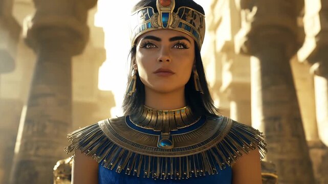 A powerful Egyptian queen adorned in elaborate attire sits on a majestic throne within a grand ancient temple