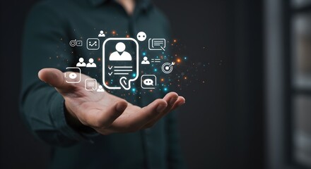 A person's outstretched hand displays a digital interface with profile icons and communication symbols.