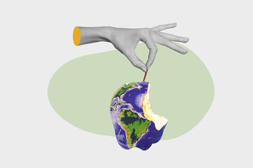 Sketch 3d trendy creative collage of human hand hold world map apple bitten fruit nutrition...