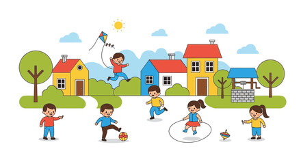 Cheerful Children Playing in a Sunny Neighborhood Cartoon Illustration
