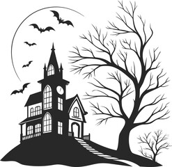haunted house on hill with bats and moonlight