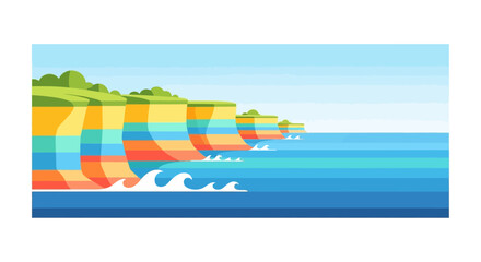 Colorful layered cliffs meeting the ocean in stylized vector illustration