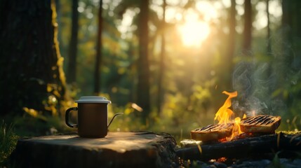 morning campfire breakfast scene, pot of coffee, grilled toast, quiet and serene forest