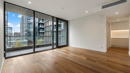 Obraz premium Bright Modern Apartment Interior with City View, Wood Floors, and Minimalist Design for Real Estate
