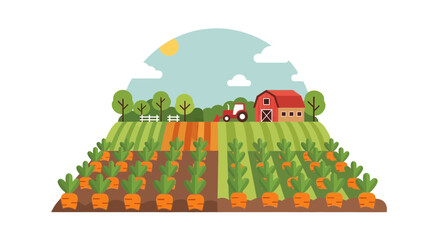 Fototapeta premium Delightful cartoon farm scene with carrot fields and countryside charm