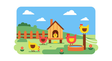 Obraz premium Delightful Farmyard Scene with Adorable Chickens and Cozy Chicken Coop