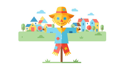 Naklejka premium Delightful scarecrow guarding a charming cartoon town with geometric shapes