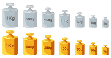 Metal and gold weight set for scales. Set of metal and gold weights in different sizes from 1 kg to 1 g. Feature clear weight markings for each element
