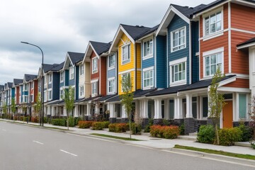 Obraz premium Vibrant Townhouse Facade: Modern Urban Development Showcasing Newly Built Colorful Condominiums