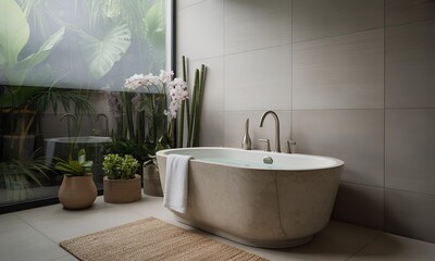 Minimalist Spa Bathroom with Greenery and Freestanding Bathtub