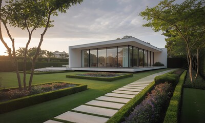 Modern Minimalist House Exterior at Golden Hour with Manicured Garden