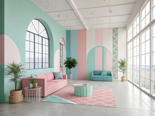 Pastel pink and mint green sofas in a bright room with arched windows and geometric wall patterns